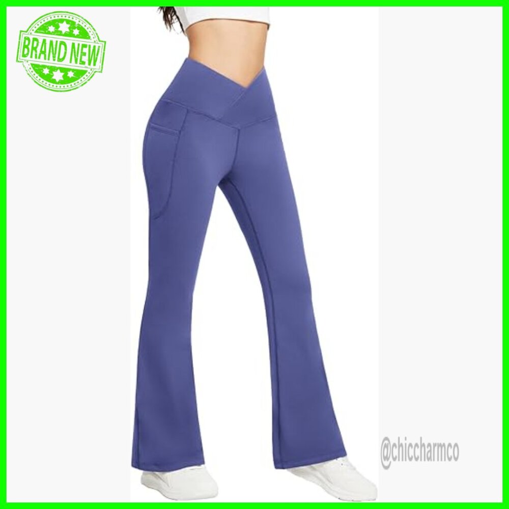 Fleece Lined Flare Leggings with Pockets, High Rise Yoga Pants for Winter